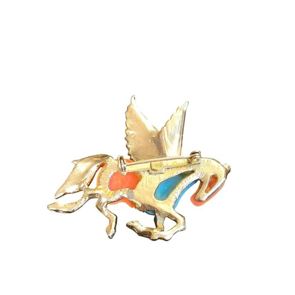 Hattie Carnegie Pegasus Brooch horse coral teal rhinestone accents unsigned VTG - Picture 5 of 9